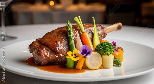 Elegant roasted lamb dish garnished with seasonal vegetables on a fine dining plate. pierna cordero