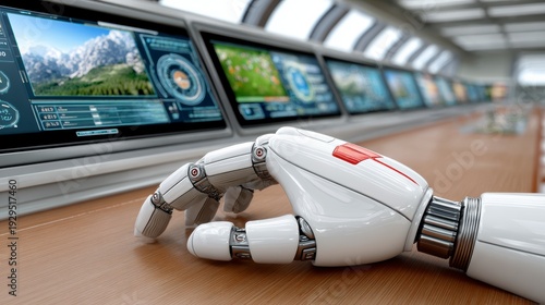 Robotic Hand Rests On A Futuristic Control Panel With Display Screens Showing Nature Scenes