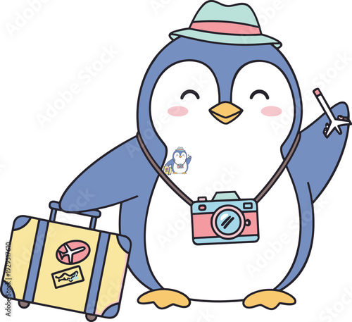Cheerful cartoon penguin tourist wearing hat with camera and suitcase holding selfie stick in playful travel illustration