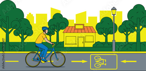Urban cycling illustration with bike lane, helmeted rider, directional arrows, house, trees, and city skyline promoting safe bicycle transportation and sustainable commuting practices