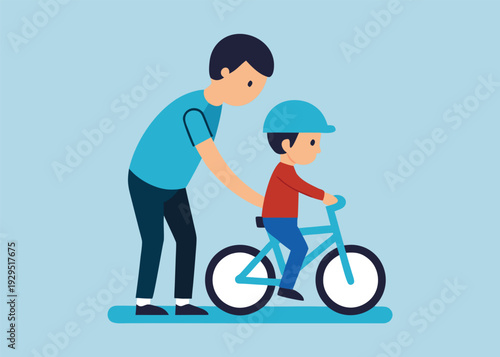 A patient father helps and encourages his young son to learn how to ride a bicycle while wearing a helmet outdoors.