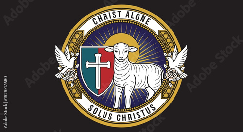 Christian Symbol of Lamb and Cross with Doves, Roses, and Latin Motto