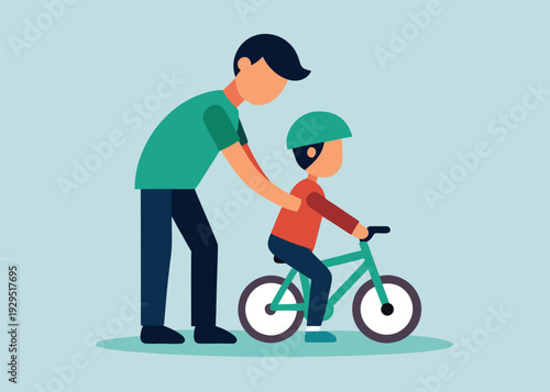 A patient father guides and teaches his young son how to ride a bike, offering support as the boy pedals.