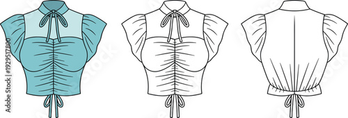 Three views of a light blue corset with ribbons and pleated details bustier