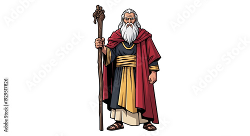 Ancient Wise Man with Staff and Red Robe, Biblical Character, Illustration