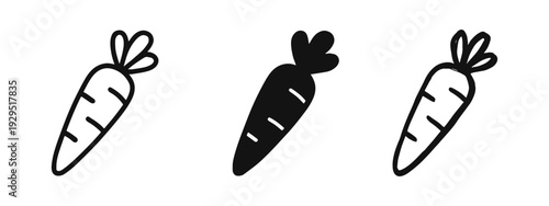 Carrot icon set in different styles. Outline, glyph, and hand-drawn carrot vector symbols on a white background.