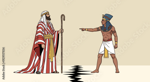 Biblical Scene: Moses Confronts Pharaoh, Parting the Red Sea in Dramatic Illustration