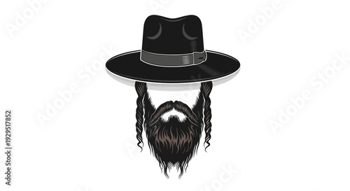Black Fedora Hat with Curly Sideburns and Beard, Stylized Illustration