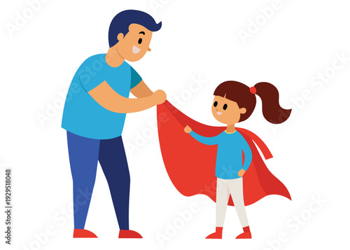 Playful father helping his little daughter put on a bright red superhero cape with a big smile.
