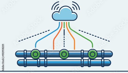 Industrial pipes and valves connected to cloud symbol, automation network, smart factory illustration, infrastructure system, RJ Whisk Auto concept, vector design.