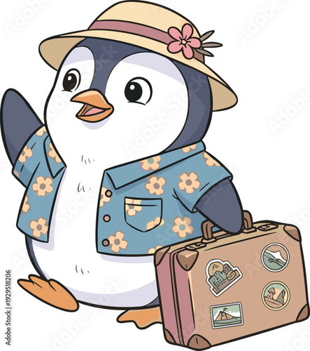 Cute cartoon penguin tourist wearing straw hat and Hawaiian shirt carrying suitcase with cheerful vacation and travel theme