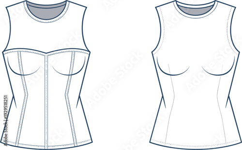 Two White Tank Tops with Blue Necklines and Different Cut Styles tank white fashion