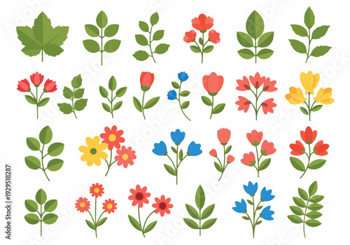 Collection of various colorful spring flowers and green leaves, showcasing nature's vibrant beauty in a delightful floral arrangement