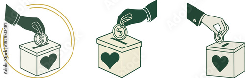Minimalist Flat Vector Icon of Hand Dropping Coin into Heart Donation Box Bundle