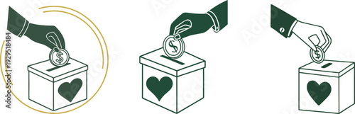 Minimalist Flat Vector Icon of Hand Dropping Coin into Heart Donation Box Bundle