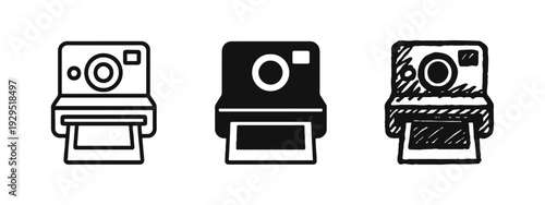 Instant camera icon set. Outline, glyph, and hand-drawn polaroid photography symbols on a white background.
