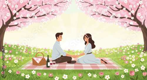 Illustrated scene of a couple enjoying a romantic picnic on a blanket beneath blooming cherry trees in springtime, with wine and a picnic basket adding charm.