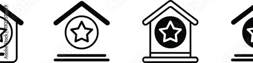 Set of house rating and favorite home icons with star symbols, black outline vector illustration isolated on white background for real estate concepts.