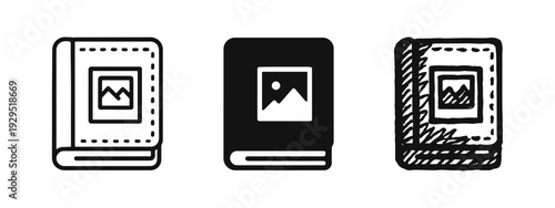 Photo album icon set. Outline, glyph, and hand-drawn picture book symbols on a white background.