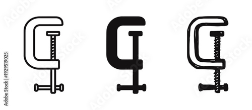 C-Clamp icon set in outline, solid, and hand-drawn doodle styles. Workshop and woodworking tool symbol.