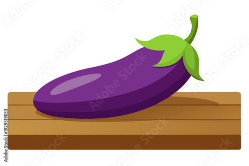 A vibrant purple eggplant sits on a wooden cutting board, ready for cooking.