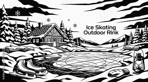 outdoor ice skating rink surrounded by snow black and white representing winter recreation and seasonal activity