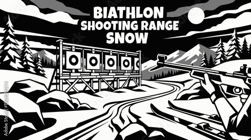 biathlon shooting range in snow representing winter sport combining skiing and shooting skills