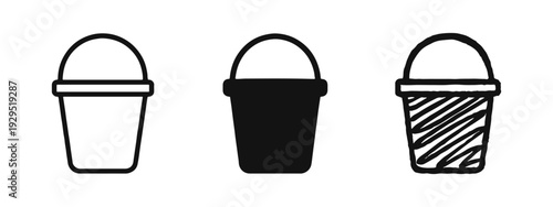 Bucket icon set in outline, solid, and hand-drawn doodle styles. Utility container and beach toy symbol.