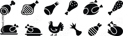 Meat and Poultry Icon Set Featuring Chicken Drumstick Ham Roast Turkey and Steak Silhouettes for Butcher Shop Restaurant Menu and Food Design