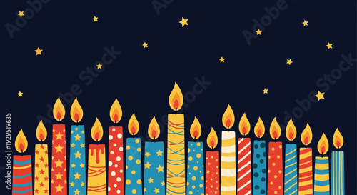 Colorful Hanukkah candles illuminated at night with stars in the background