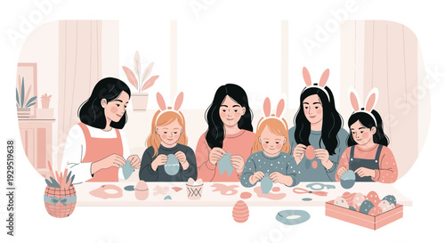 Family crafting easter decorations with kids in pastel colors