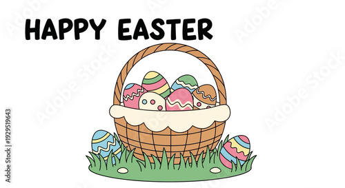 Colorful easter egg basket on grass with festive greeting