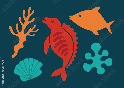 Rich marine biology illustration featuring an orange coral, red seahorse, orange fish, blue shell, and teal coral on a dark blue background.