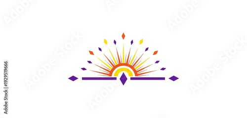 Abstract sunrise emblem illustration with geometric details on black background