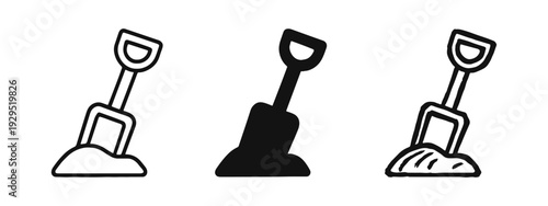 Shovel in Dirt icon set in outline, solid, and hand-drawn doodle styles. Gardening and digging tool symbol.