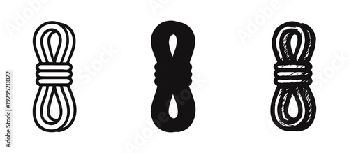 Coiled rope icons set. Outline, solid, and doodle style climbing and utility cord illustrations.