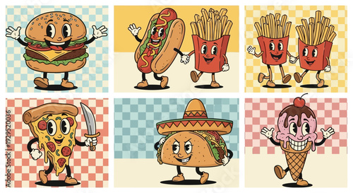 Cartoon food characters with checkered backgrounds.