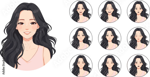 Beautiful young woman avatar with various facial expressions cartoon character set isolated on white background illustration for animation design