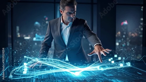 Man interacting with digital data flow on a virtual screen, orchestrating information in a cityscape office environment