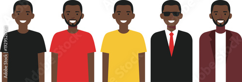 Black male avatar set with different outfits casual t shirts business suit sunglasses and jacket flat vector character illustration collection