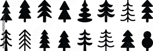 Christmas tree silhouettes set, pine and fir icon collection isolated on white background, winter holiday symbols pack, cad drawing flat vector illustration