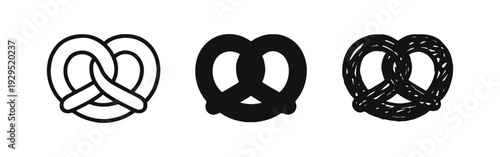 Pretzel icons set. Outline, solid, and doodle style traditional baked snack illustrations.