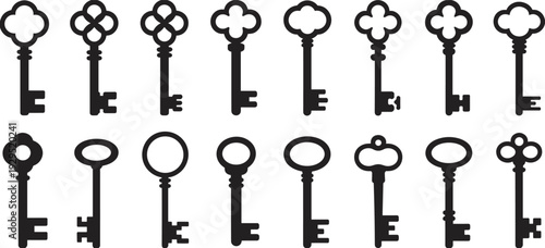 Collection of vintage skeleton keys silhouettes in black isolated on white background, antique ornate key set for security, locksmith and retro design concepts