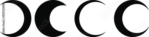 Four black crescent shapes graphically symbolize lunar phases and celestial cycles with stark contrast on a pure white background, evoking cosmic wonder.