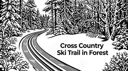 cross country ski trail in a snowy forest black and white vector representing endurance sport and nature exploration