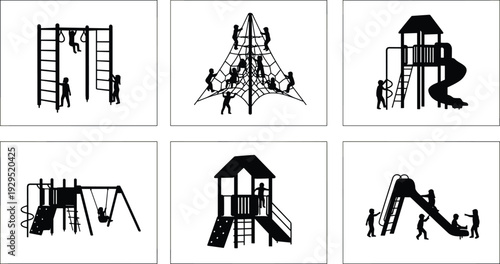 Children playground silhouette set with kids playing on swings slides climbing frames isolated on white background black vector illustration collection