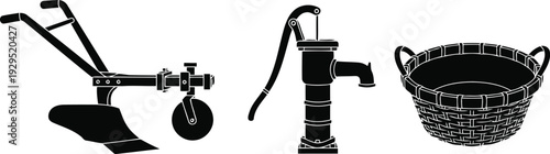 Traditional Farming Equipment Silhouette Featuring Walk-Behind Plow Manual Hand Water Pump and Woven Wicker Basket for Agriculture and Rural Village Life