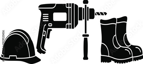Construction Safety Equipment Silhouette Featuring Electric Power Drill Protective Hard Hat and Heavy Duty Safety Boots for Industrial Site Work