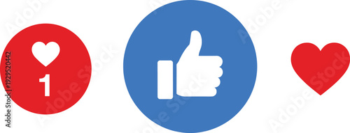 Social media reaction icons featuring like counter, love heart and thumbs up symbols for user engagement digital interface