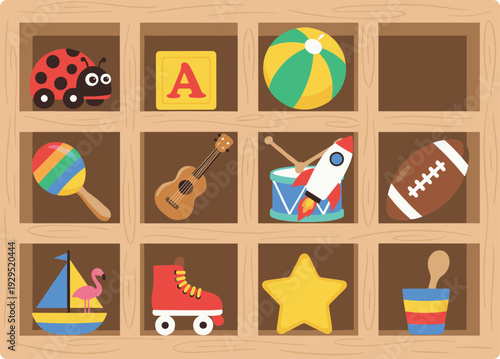 Colorful wooden toy shelf collection with balls guitar rocket roller skate football boat star and kids play objects illustration